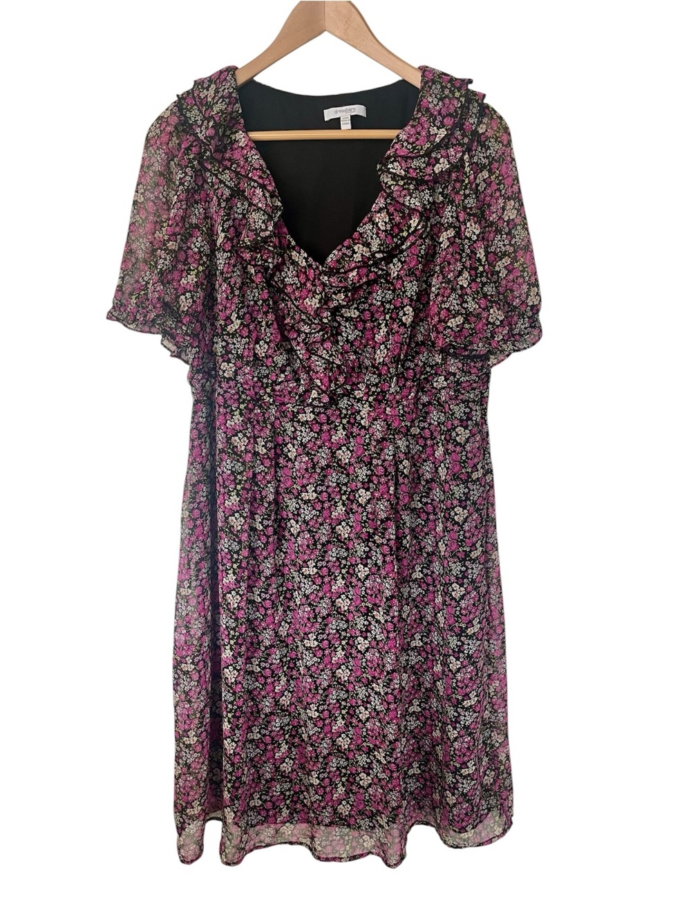 Dressbarn Woman Plus Size 14W Purple Floral Chiffon Ruffle Midi Dress Whimsigoth